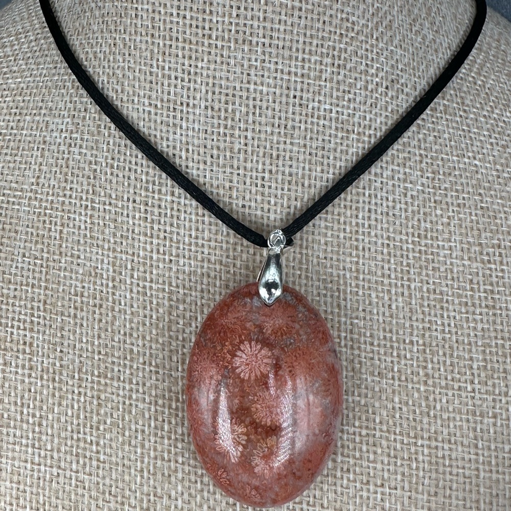 Orange and Pink/Lavender Coral Fossil Oval Pendant on Black Satin Rope - Picture 10 of 12